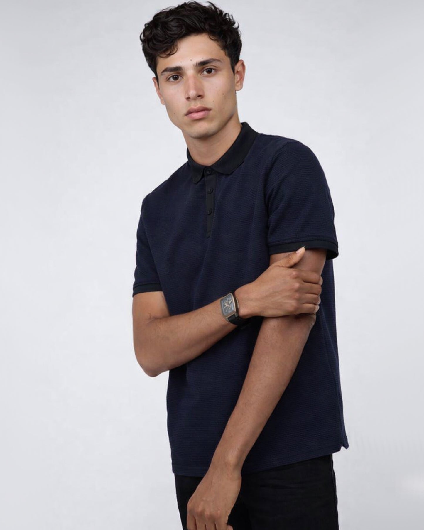 Contrast Placket Button Polo 4 (Black)