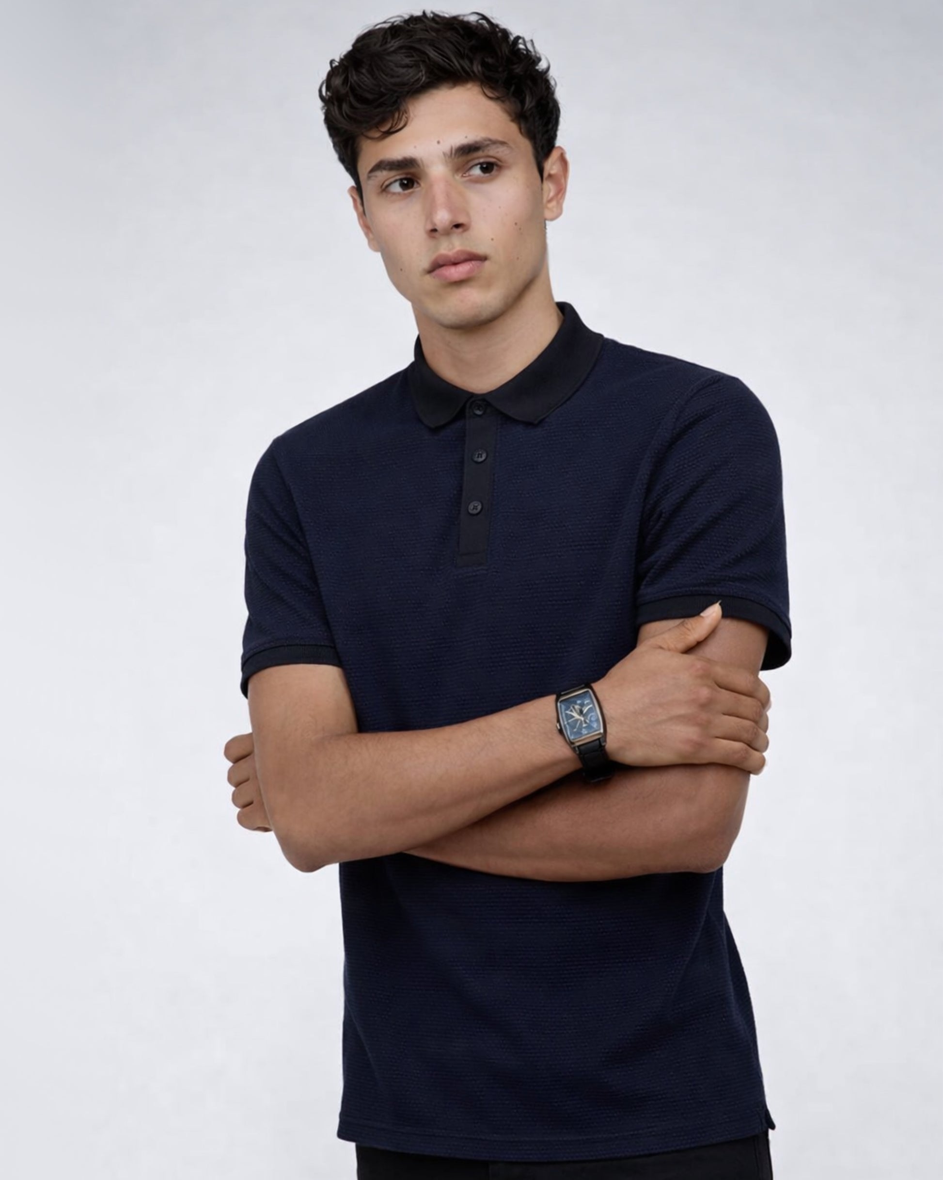 Contrast Placket Button Polo (Black)
