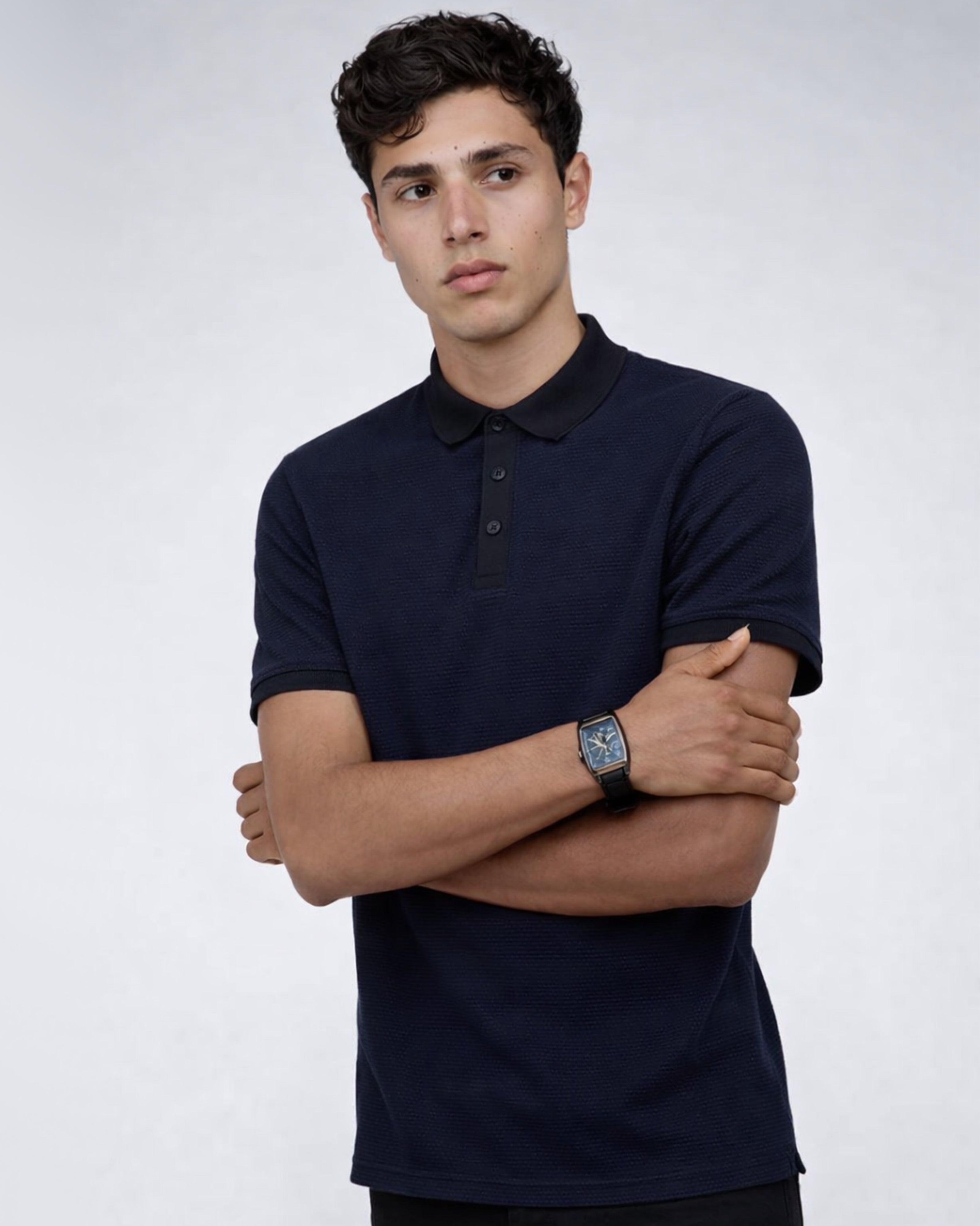 Contrast Placket Button Polo (Black)