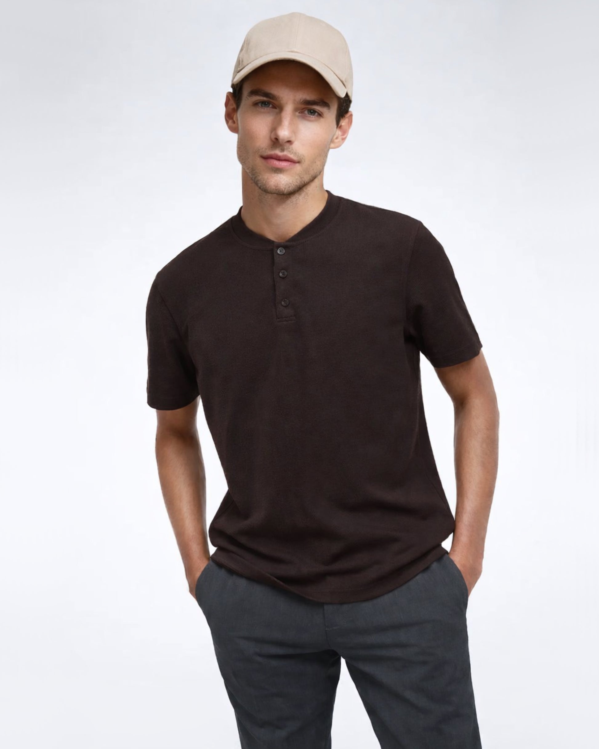 Performance Band-Collar Henley 4 (Dark Brown)