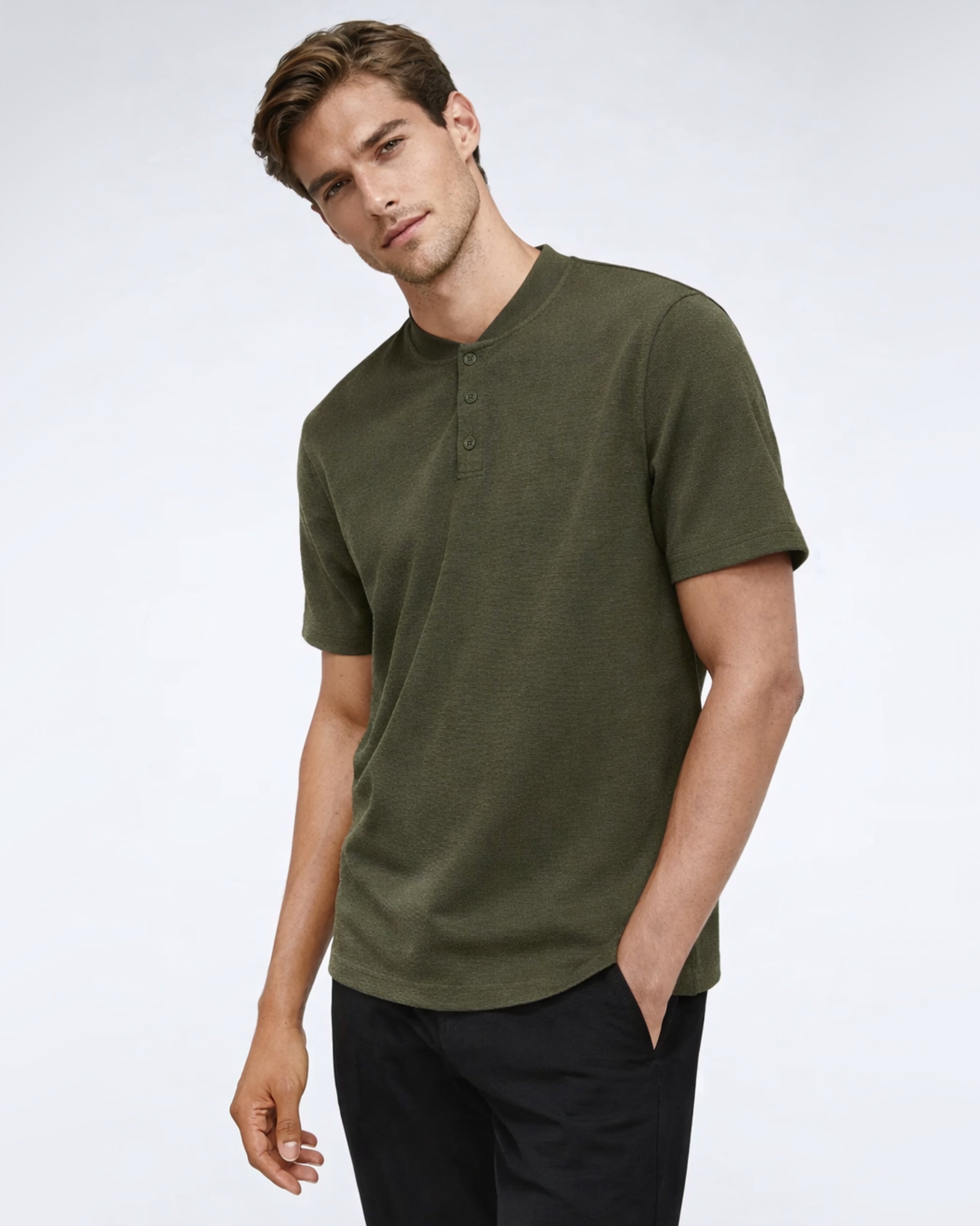 Performance Band-Collar Henley (Dark Green)