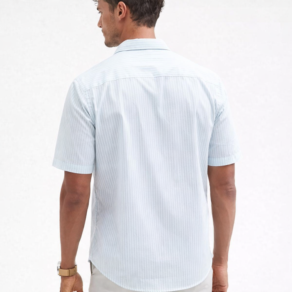 Short Sleeve Striped Poplin Button-Front Shirt