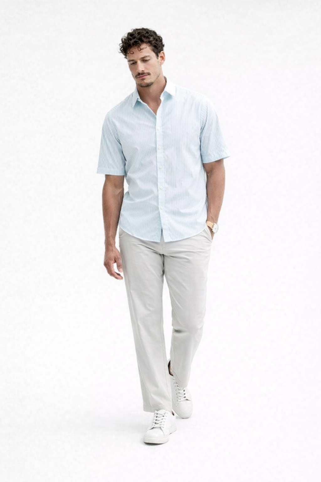 Short Sleeve Striped Poplin Button-Front Shirt